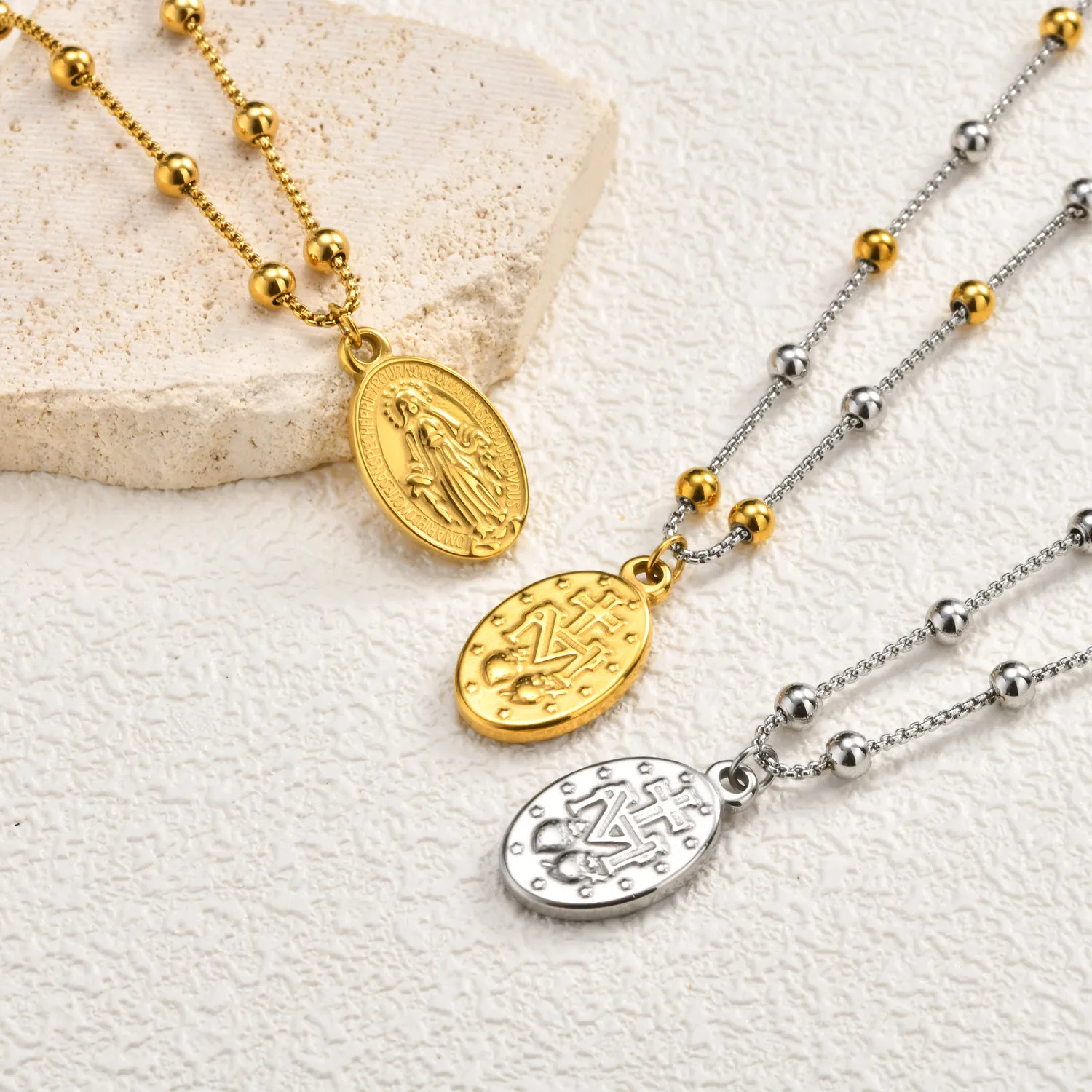 Authentic Vnox Virgin Mary Pendant Necklace for Women, Stainless Steel Gold Silver Color Beads Chain Holy Mary Charm Religion Prayer Gift