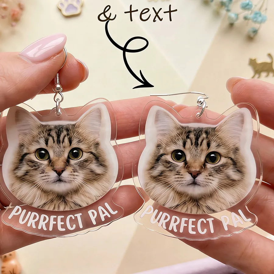 Authentic Personalized Pet Photo Jewelry, Custom Cat Face Acrylic Earrings, Custom Pet Picture Earrings, Cat Mom, Pet Lover