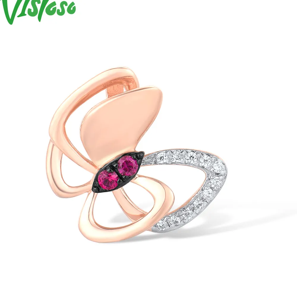 Authentic VISTOSO Genuine 14K 585 Rose Gold Pendant For Women Red Stones Ruby Diamond Butterfly Wedding Anniversary Charm Fine Jewelry