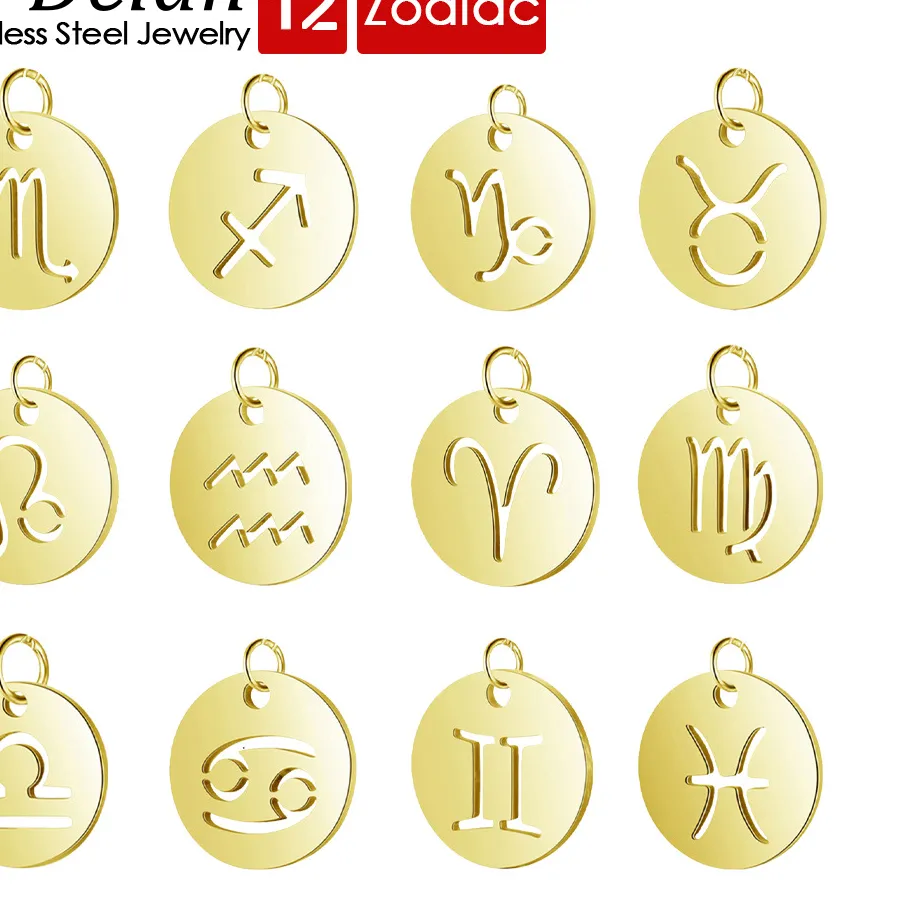 Authentic Waterproof 13mm Stainless Steel 12 Zodiac Sign Pendant Gold Color Cutout Horoscope Constellation Disc Charms for Necklace