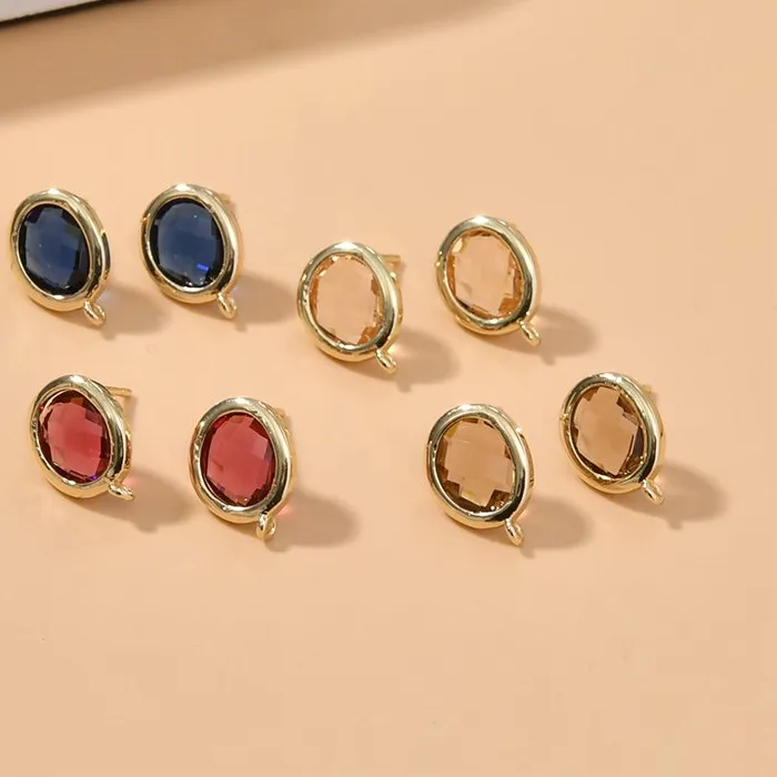 Authentic 4PCS 10*13mm Gold Plated Round Ear Studs with Rhinestone Fashion Earrings Charms for Jewelry Making DIY Brass Accessories