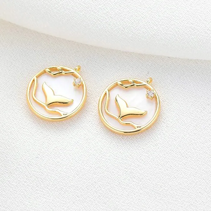 Authentic 14k Gold Color 13MM  Brass and shell Tail Shaped Exquisite Earring Pendant Components For Jewelry Making Supplies Accessories