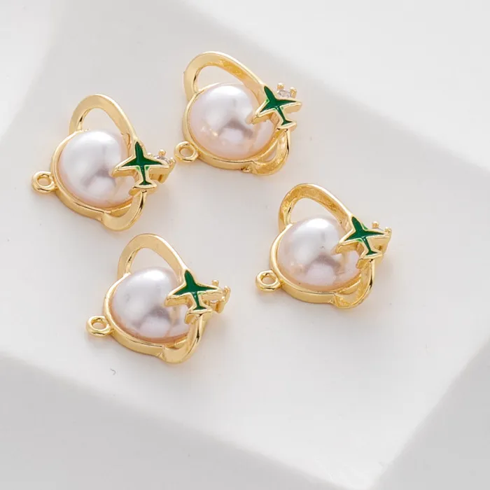 Authentic 14K Copper Gold-Plated Enamel Airplane Pendant Inlaid Shell Pearl&Zircon, Flight Track Design 13mm DIY Bracelet Necklace Charms