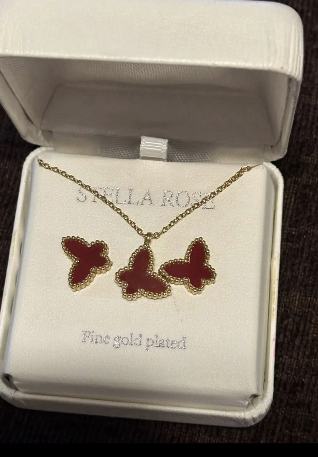 Authentic Fine Gold Plated Red Enamel Butterfly  pendant , bracelet & earrings set