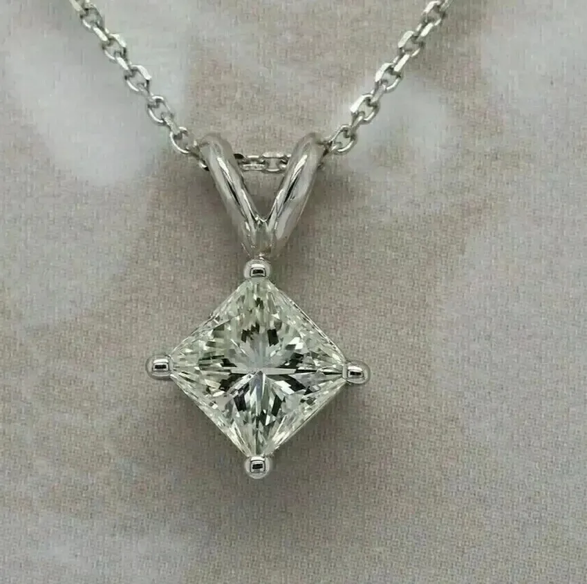 Authentic 2Ct Princess Cut Simulated Diamond Women's Charm Pendant 14K White Gold Plated
