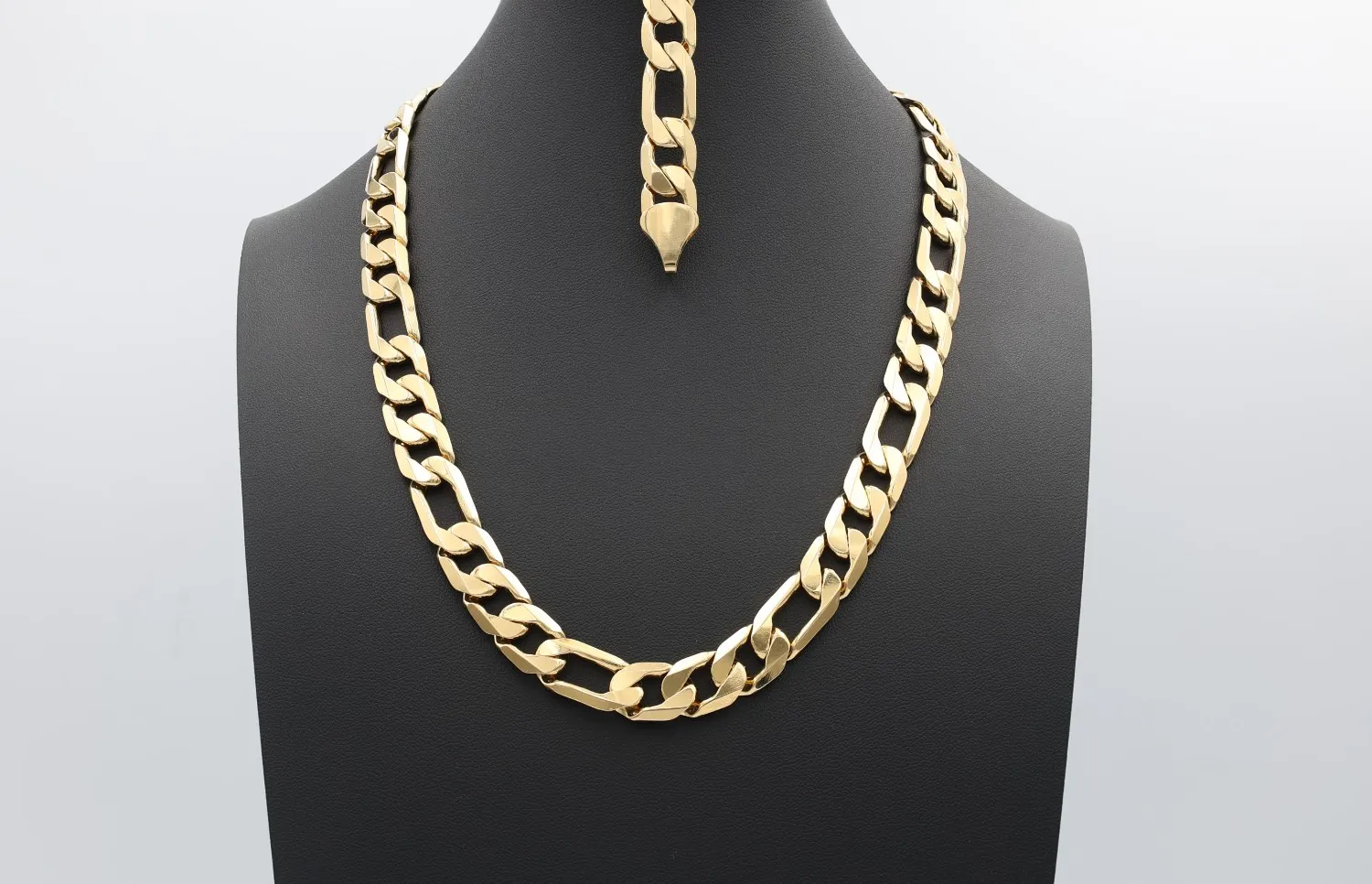 Authentic Large 12mm Flat Figaro Chain Necklace: 14k Heavy Gold Plated, 12mm Bracelet Set