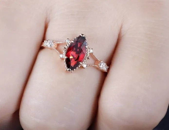 Authentic Marquise Cut Simulated Red Garnet Beautiful Wedding Ring In 14k Rose Gold Plated