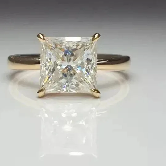 Authentic 4Ct Princess Cut Moissanite Solitaire Engagement Ring 14K Yellow Gold Plated