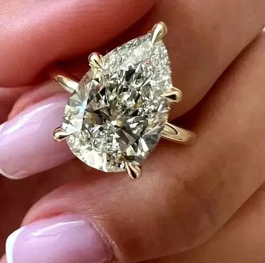 Authentic 4ct Pear Lab Created Diamond Engagement Solitaire Ring 14K Yellow Gold Plated