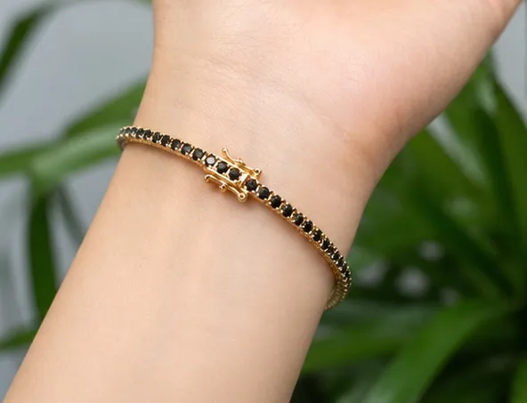 Authentic Simulated Black Diamond 7Ct Engagement Tennis Bracelet 14K Yellow Gold Plated