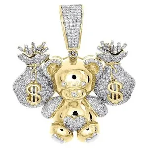 Authentic 3Ct Round Real Moissanite Teddy Bear Money Bags Pendant 14K Two Tone Gold Plated