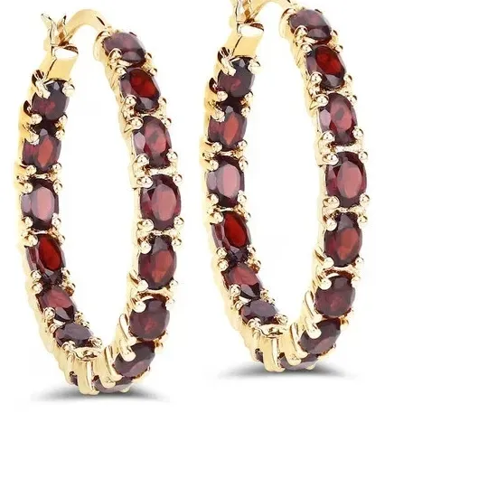 Authentic Red Garnet Earrings for Women's Round Hoop Lab Created 14k Yellow Gold Plated
