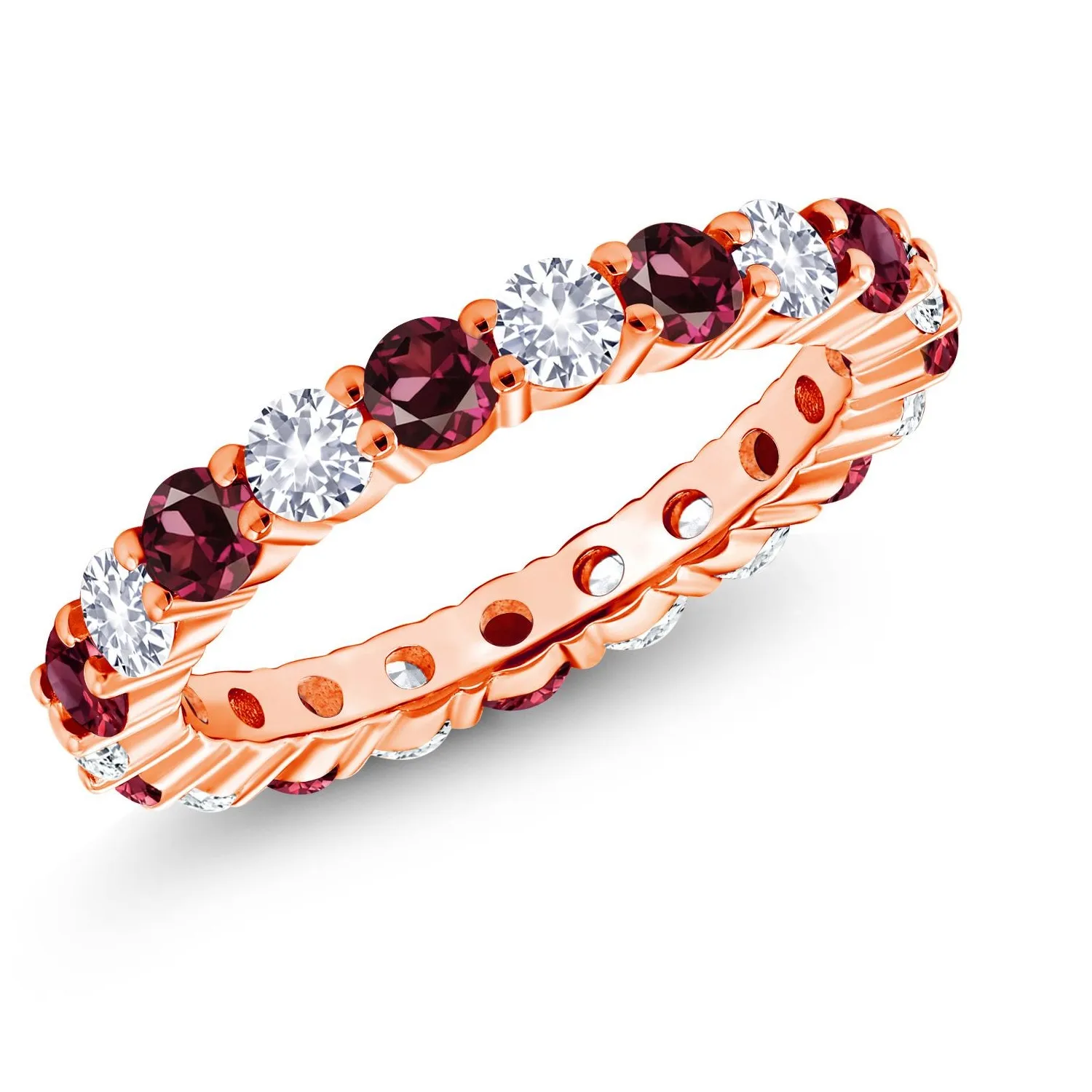 Authentic 1.20 Ct Round Red Rhodolite Garnet 18K Rose Gold Plated Silver Eternity Band