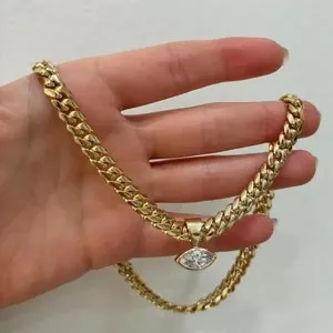 Authentic 10mm Miami Cuban Link Chain With Evil Eye Pendant 14K Yellow Gold Plated Silver