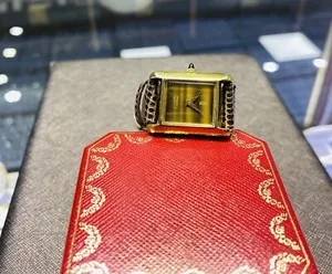 Authentic Must de Cartier Rectangle Watch w/Tiger Eye Style Dial 18K Gold Plated Pre-Owned
