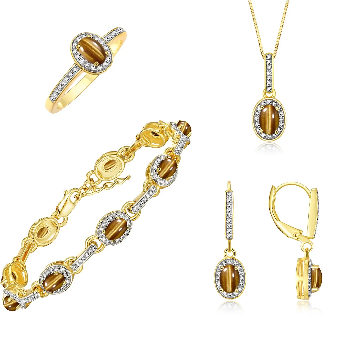 Authentic Rylos Yellow Gold Plated Silver Tiger Eye & Diamond Halo Matching Set Sz 5-10