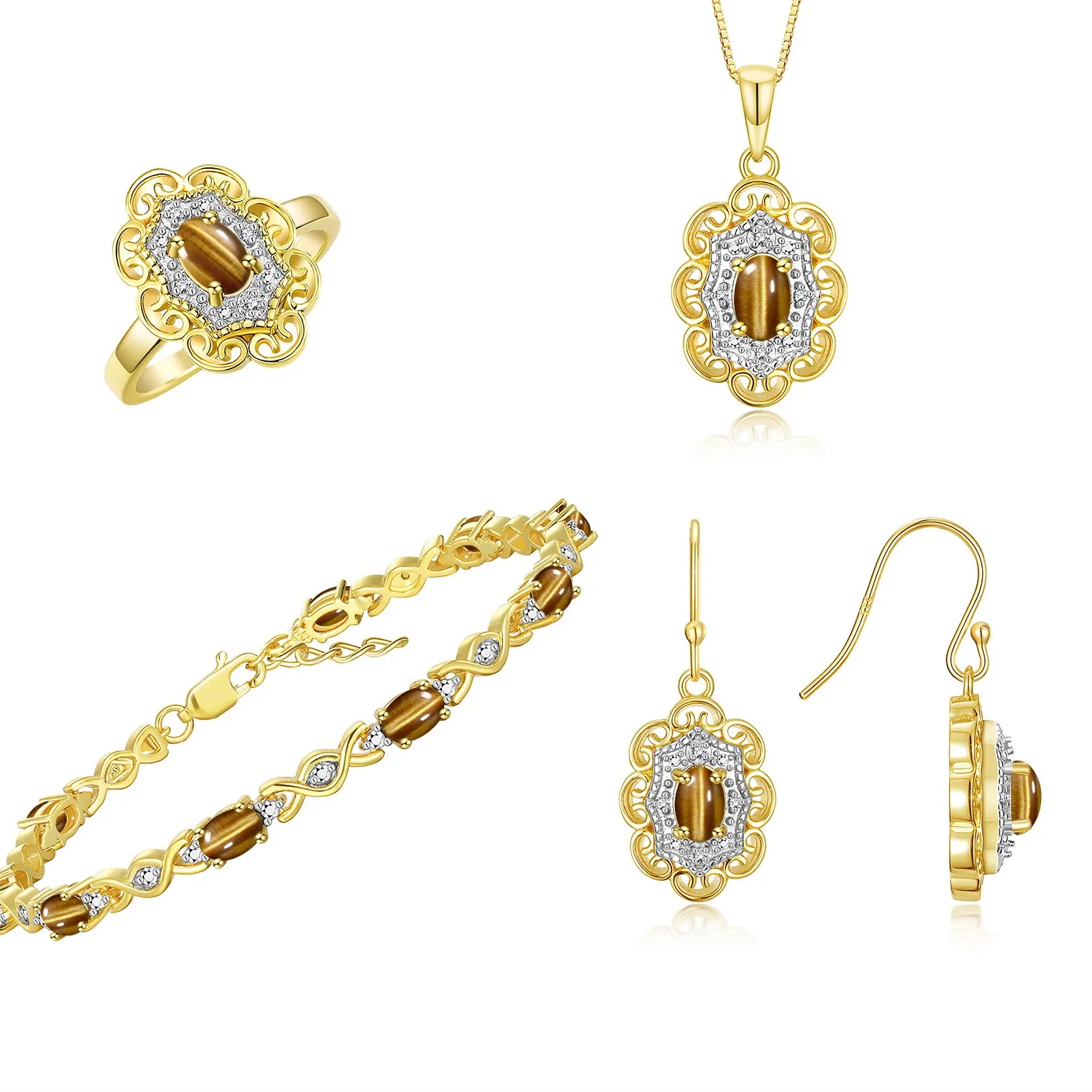 Authentic RYLOS Floral Design Matching Jewelry Set: Yellow Gold Plated Silver all 4 Items