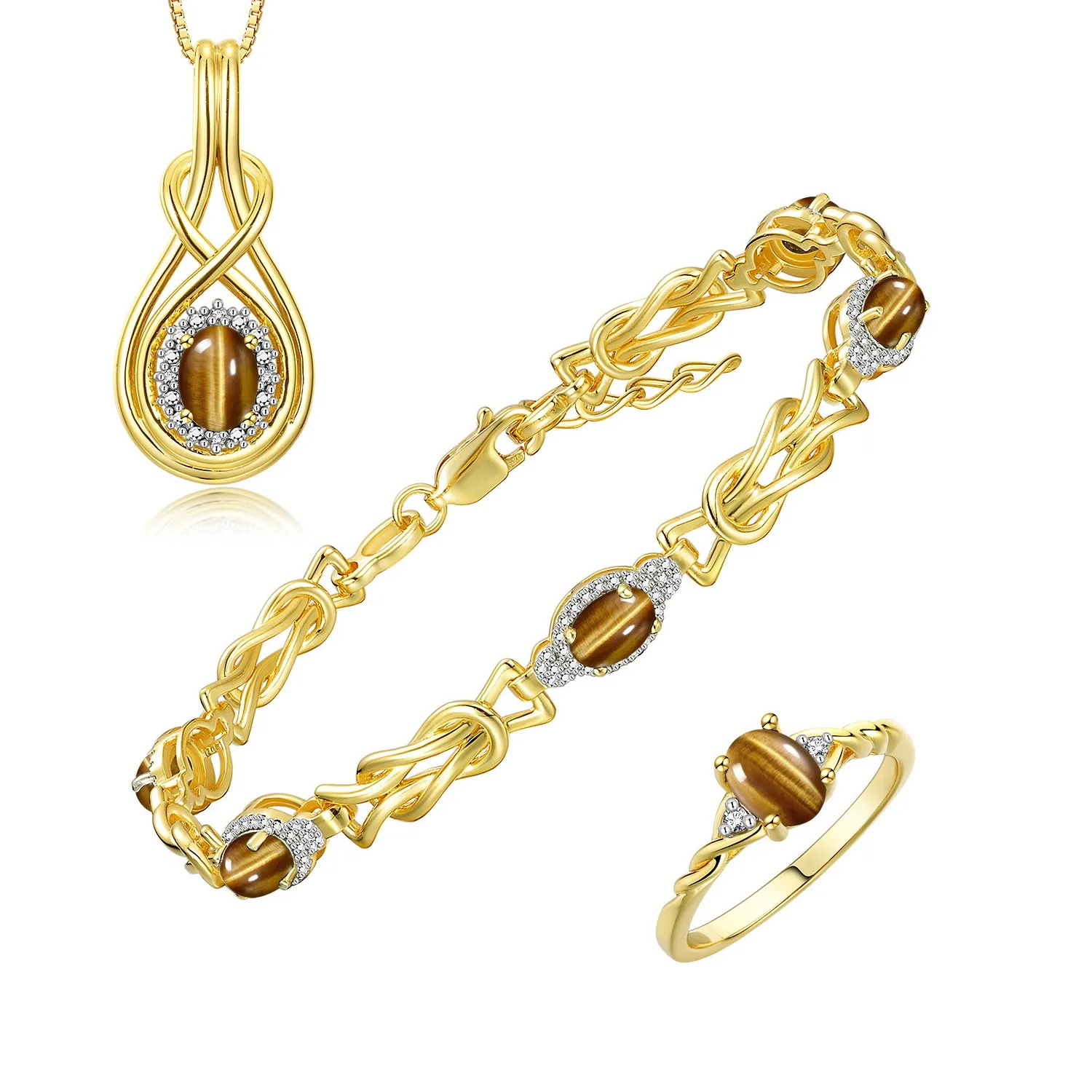 Authentic Rylos Gold Plated Silver Tiger Eye & Diamond Love Knot Matching Set Sz 5-10