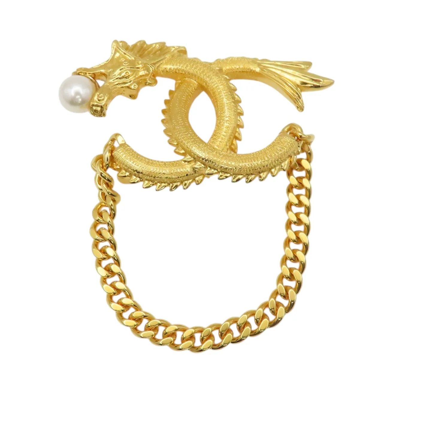 Authentic CHANEL CC Logo 2024 Lunar Year Dragon Pearl Brooch Gold Plated AB9978
