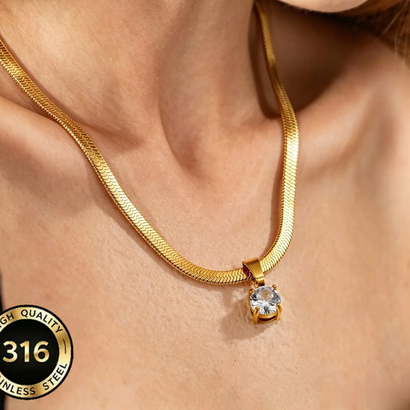 Authentic Blade Chain Plated with 18K Gold Snake Chain Necklace, Cubic Zirconia Pendant Choker, Minimalist Style for Women