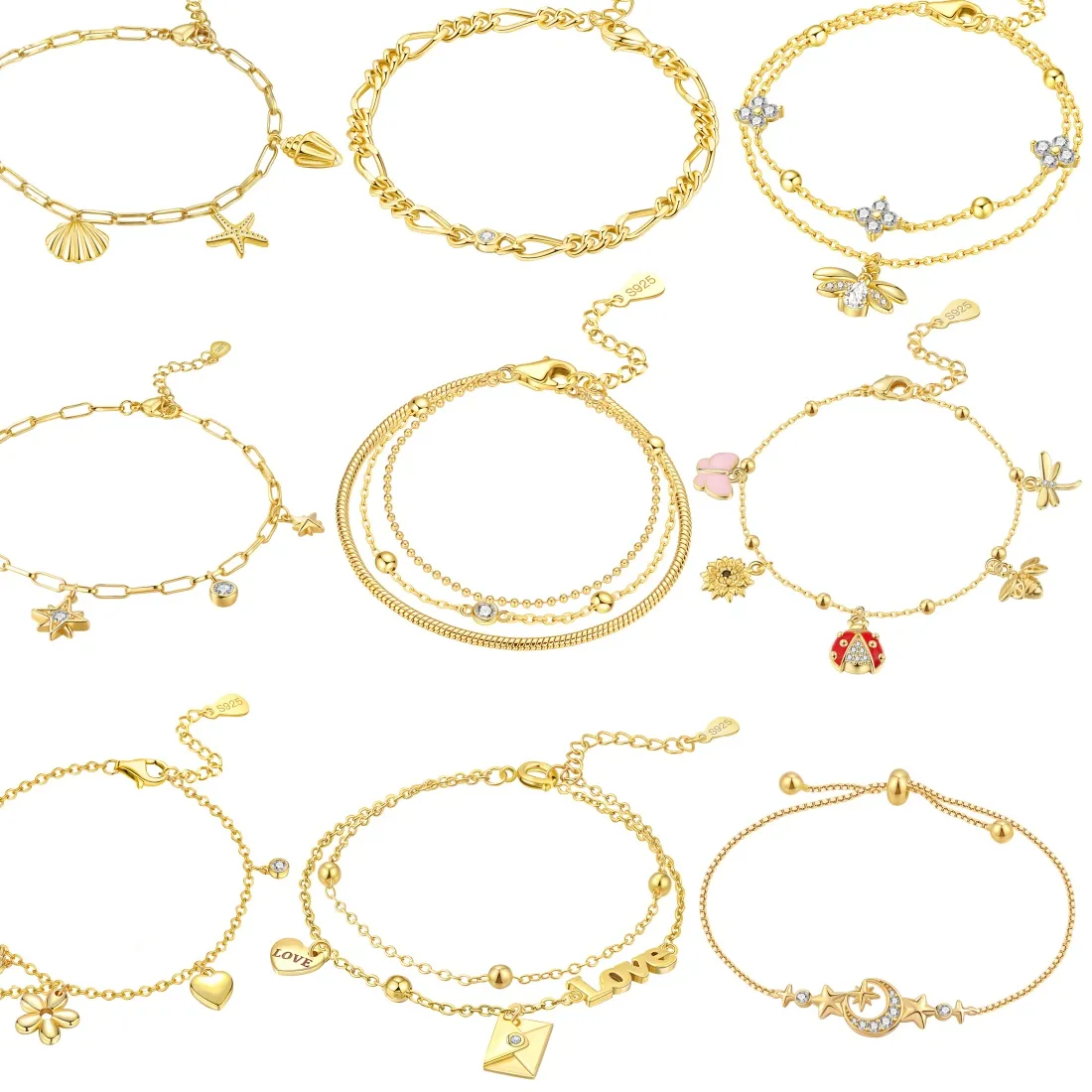 Authentic Miseff S925 Sterling Silver Bracelet Chain 18K Gold Plated Adjustable Original Versatile Star Bracelet Chain Charms Jewelry