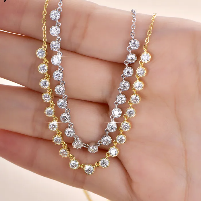 Authentic Rrjzz Full 3mm D-Color VVS1 Round Cut Moissanite Bubble Necklace GRA Lab Created Diamond 14k Gold Plated Women Necklace Jewelry