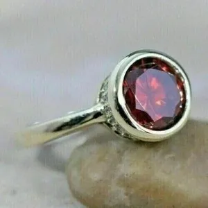 Authentic 2Ct Round Cut 14K White Gold Plated Lab-Created Red Garnet Halo Engagement Ring