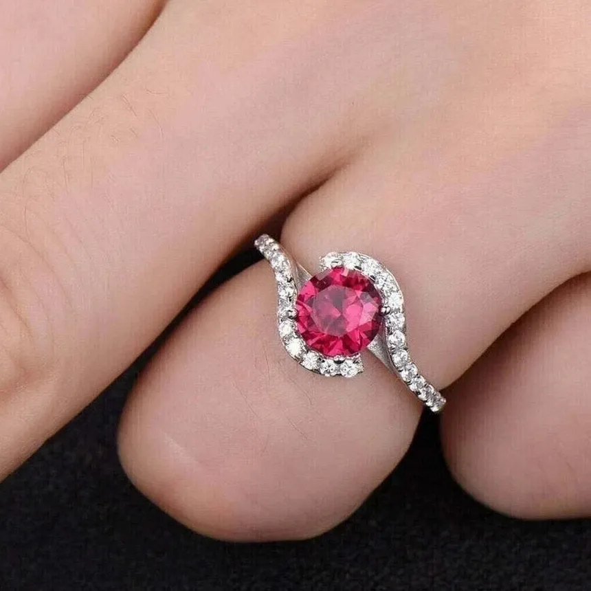 Authentic 2Ct Round Cut 14K White Gold Plated Lab-Created Red Garnet Halo Engagement Ring