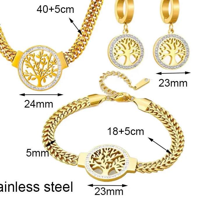 Authentic Stainless Steel Gold Plated Tree of Life Jewelry Set Necklace Bracelet Hoop Earr