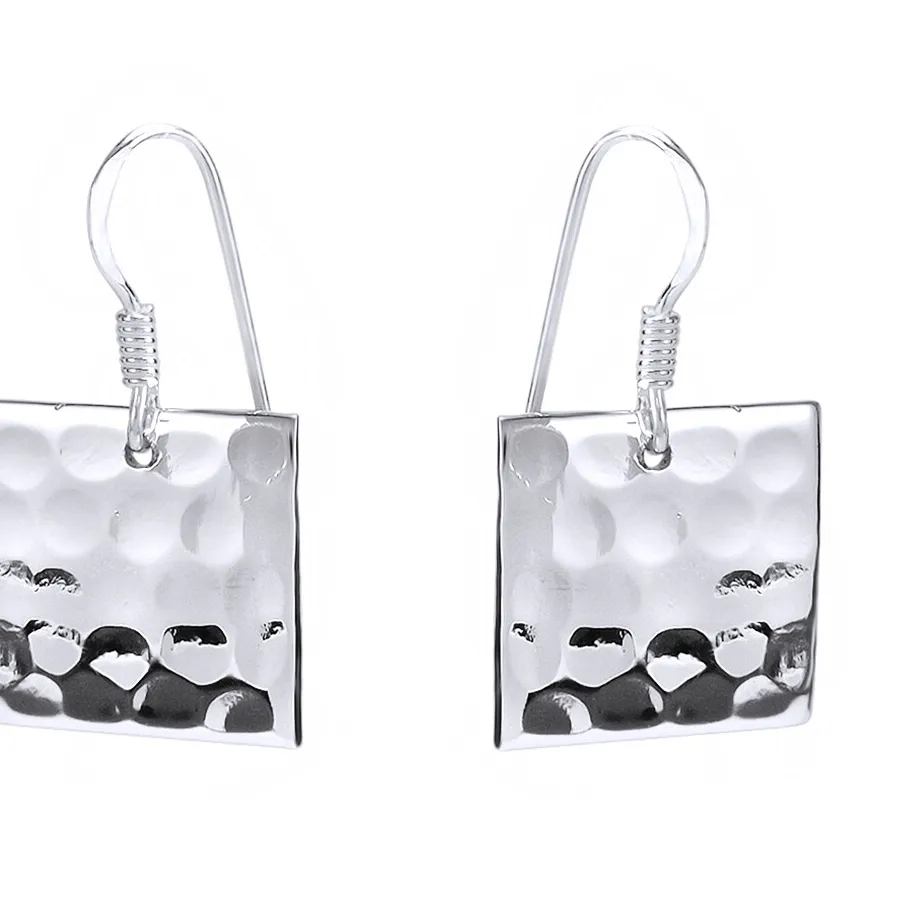 Authentic Radiant Solstice Hammered Square Talisman Earrings In White Gold Finish