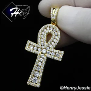 Authentic 925 Sterling Silver Icy Bling Cz Gold Plated Silver Ankh Key Cross Pendant Sp253
