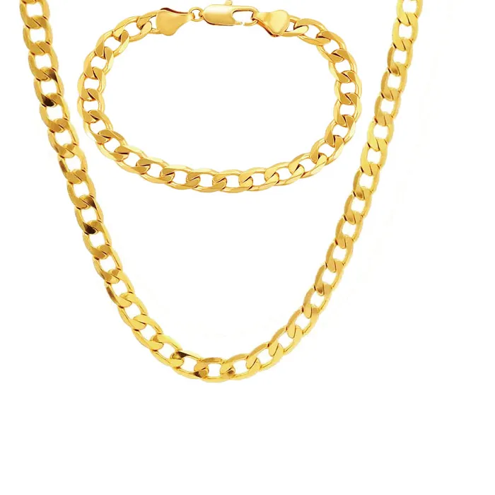 Authentic XP Jewelry -- ( 50 cm / 60 cm x 4 mm ) Fashion 24 k Pure Gold Plated Figaro NK 1:1 Necklace and Bracelet Set for Men Jewelry