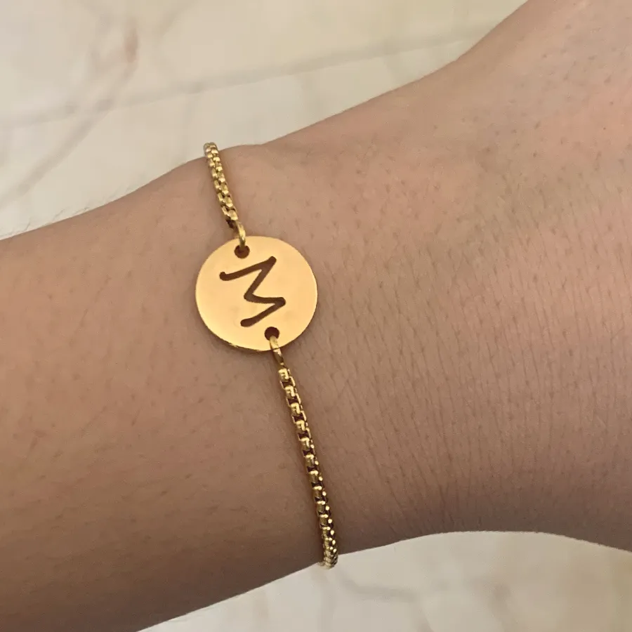 Authentic Simple Stainless Steel Gold Color Hollow Round Charm Bracelet Adjustable Beaded Chain Initial Alphabet Letter Arm Cuff Jewelry