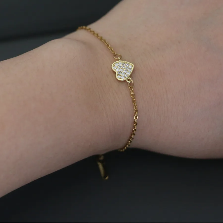 Authentic Cute Small Lovely Micro Pave CZ Heart Charm Bracelet Simple Gold Color Steel Chain Wristband Arm Cuff Jewelry