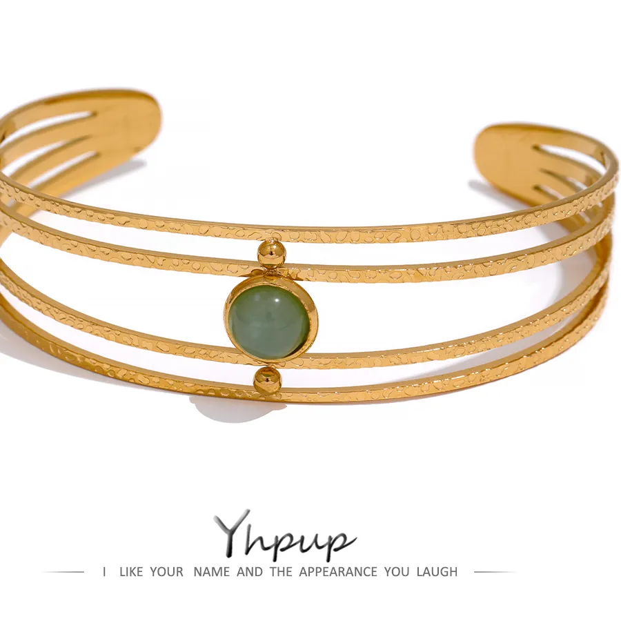 Authentic Yhpup Open Bracelet Bangle  Arm Jewelry Women Boho Golden Waterproof Green Stone Summer Charm Stainless Steel Bracelet Gift