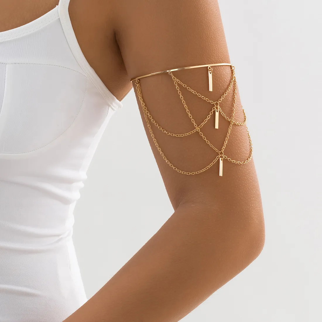 Authentic Layered Tassels Chain with Stick Pendant Upper Arm Bracelet for Women Trendy Charms Open Arm Cuff Bracelets 2023 Fashion Jewelry