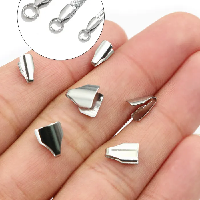 Authentic 100pcs 2-7mm Flat Cords Crimp End Beads Caps Clip Tip Fold for DIY Snake Chain Necklace Jewelry Making Findings