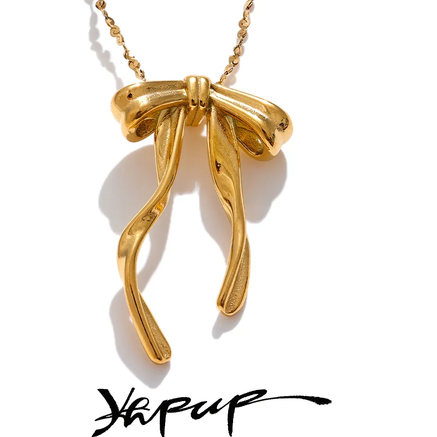Authentic Yhpup 316L Stainless Steel Bow Knot Necklace Pendant 18K Gold & Platinum PVD Plated Metal Charm Fashion Trendy Jewelry