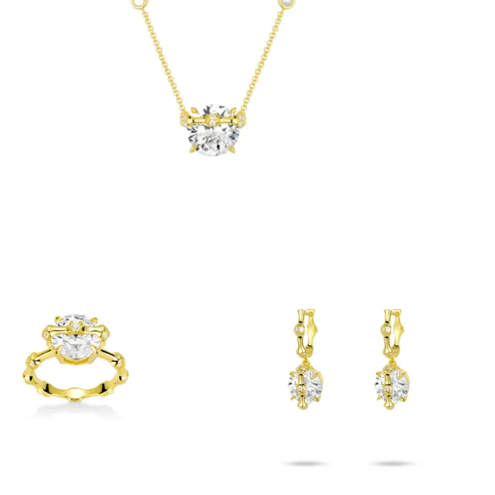 Authentic BELLUX 925 Silver Synthetic Zircon Gold Four Claw Single Diamond Bamboo Knot Ring Earring Pendant Set