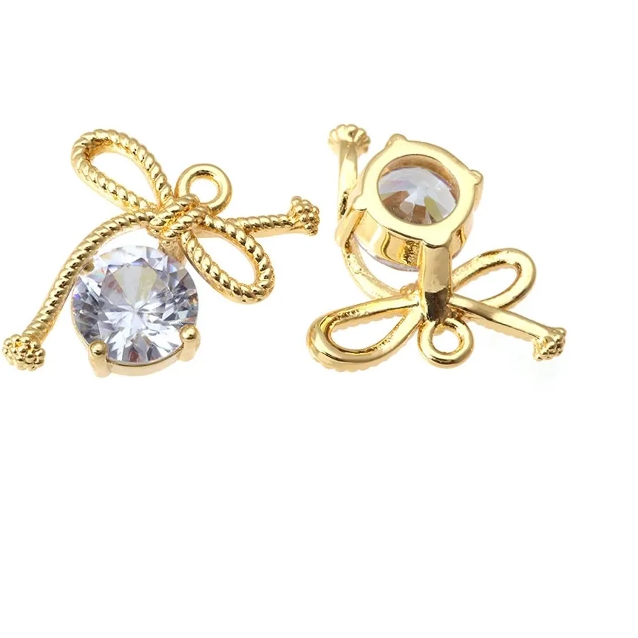 Authentic 18K Gold Color Brass and Zircon Bow-knot Charms Pendants High Quality Diy Necklace Earrings Jewelry Making Accessories