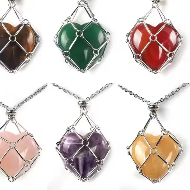 Authentic Titanium stainless steel 18k gold net bag natural crystal heart stone adjustable Bamboo knot net pendant necklace gemstone