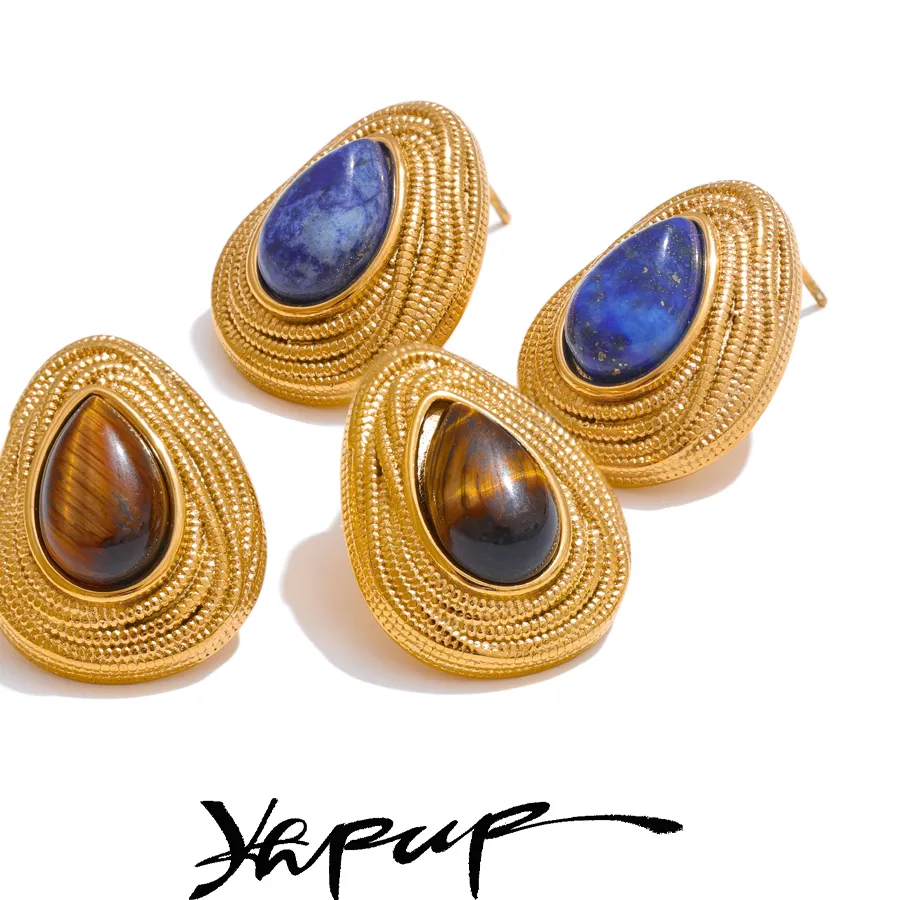 Authentic Yhpup Water Drop Natural Stone Geometric Daily Stud Earrings Vintage Tiger Lapis Lazuli Charm Jewelry Gold Color PVD