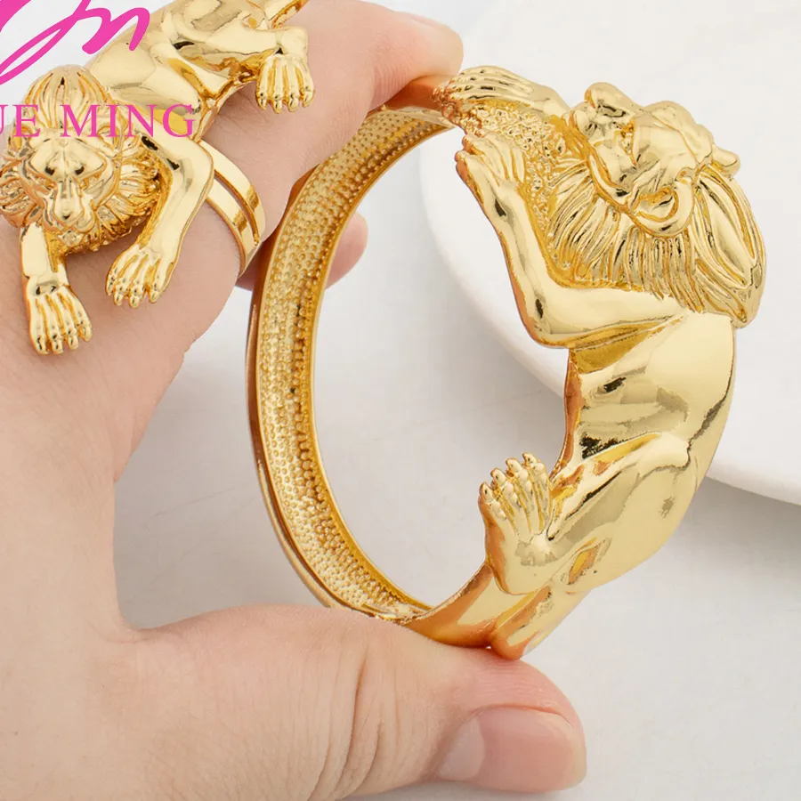 Authentic 2PCS Jewelry Sets Charm Cuff Bangle with Ring Wedding Party Leopard Bracelet Women Dubai Gold Color Adjustable Ring Jewelry Gift