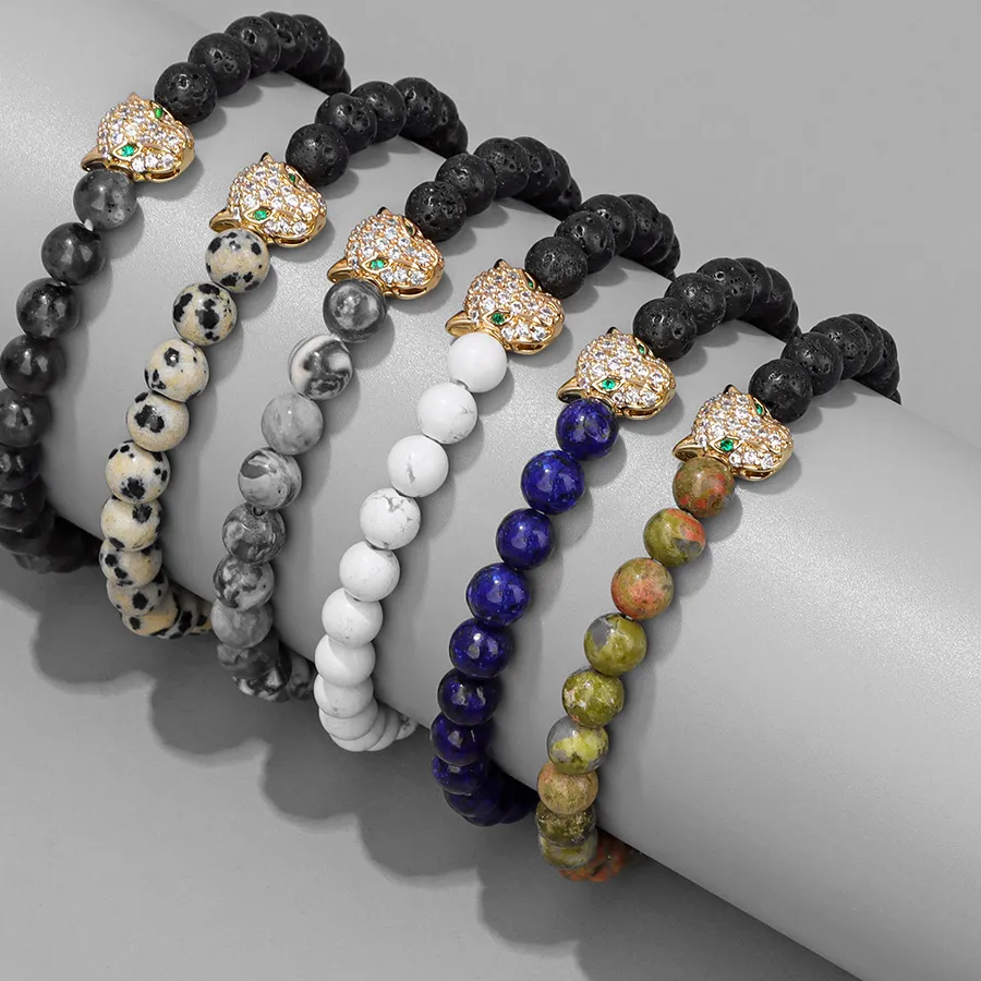 Authentic Hot Sale Natural Stone Unakites Lave Stone Beads Bracelets Gold Color Leopard Head Bead Buddha Charm Bracelets Men Women Pulsera