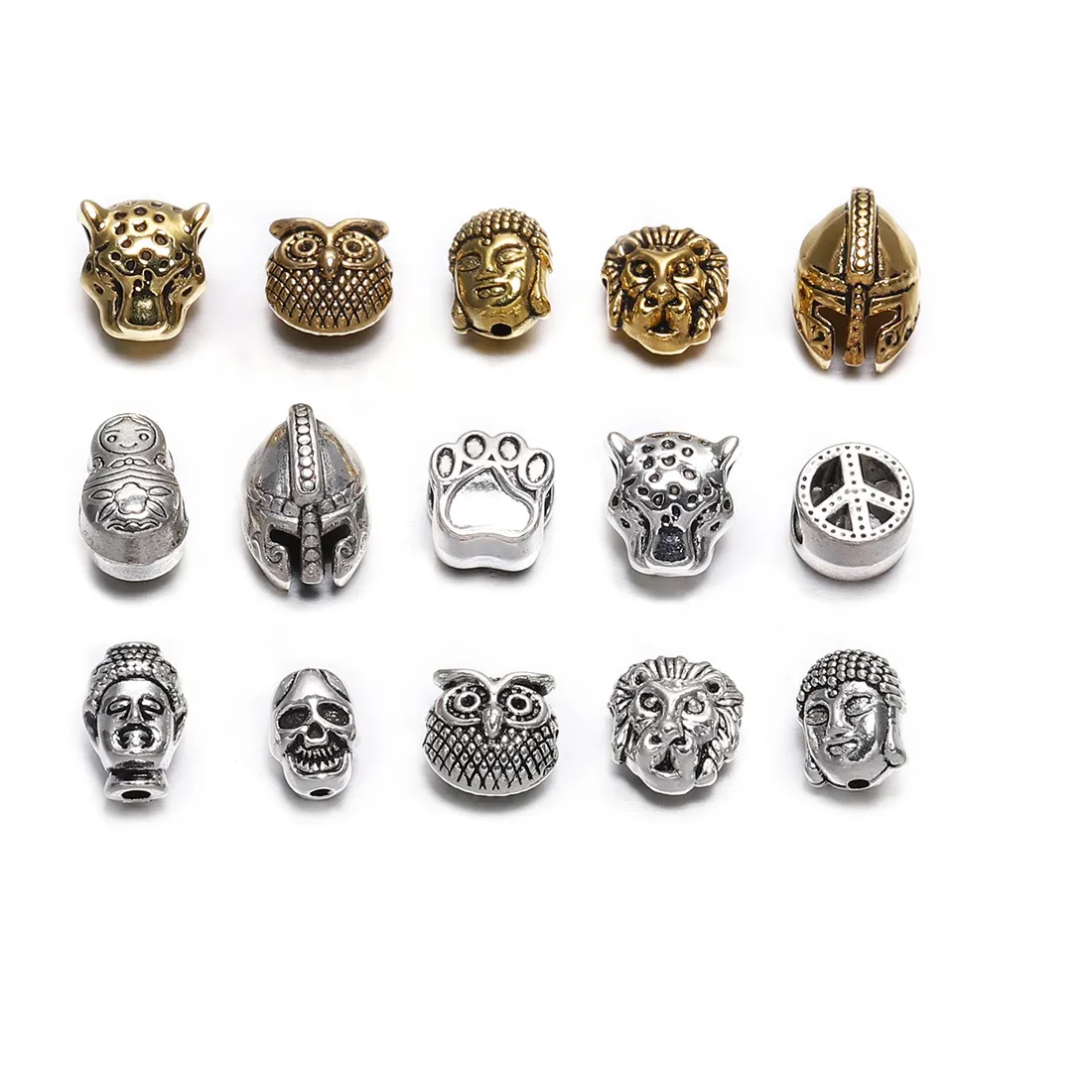 Authentic 10pcs/lot Gold Color Charm Beads Buddha Sparta leopard Lion Heads Spacer Beads Supplies For Jewelry Finding Making DIY Bracelet