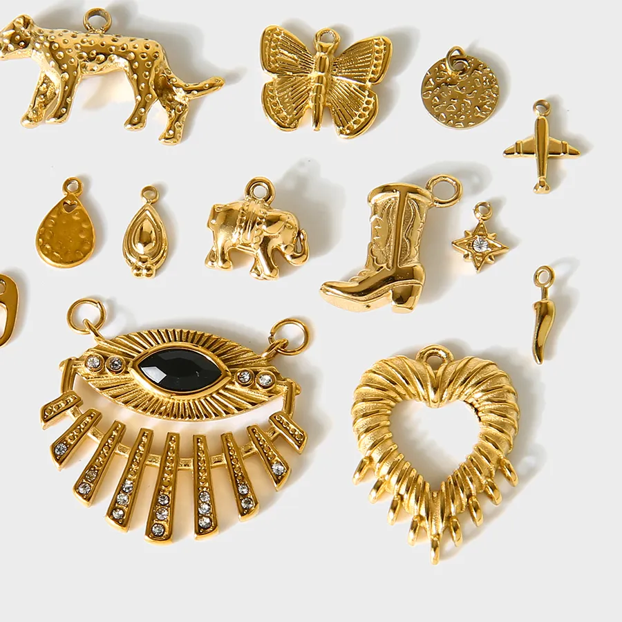 Authentic Evil Eye Leopard Heart Pendant 18K Gold Plated Stainless Steel Bohemian DIY Jewelry Making Supplies Retro Charms for Crafting