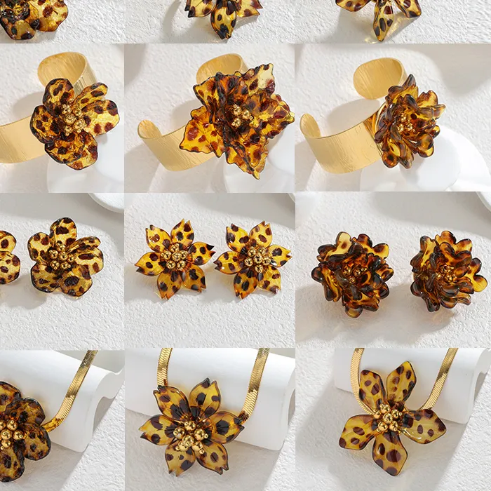 Authentic Sunkissmoon Leopard Print Floral Series Ring Jewelry Set With Acrylic Flower Necklace Charming Style For Women The Best