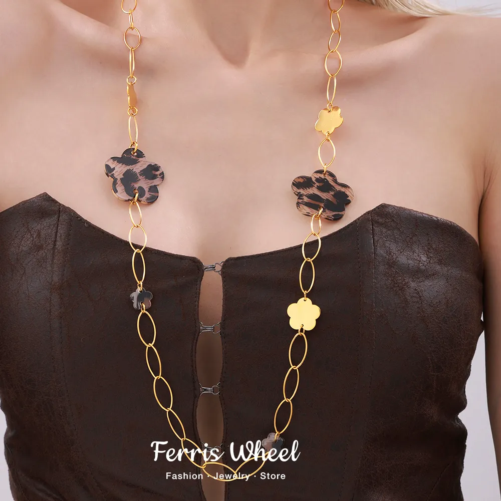 Authentic Flowers Necklace for Women Acrylic Leopard Print Stainless Steel Long Chain Sweater Link Gorgeous Charm Jewelry Gift