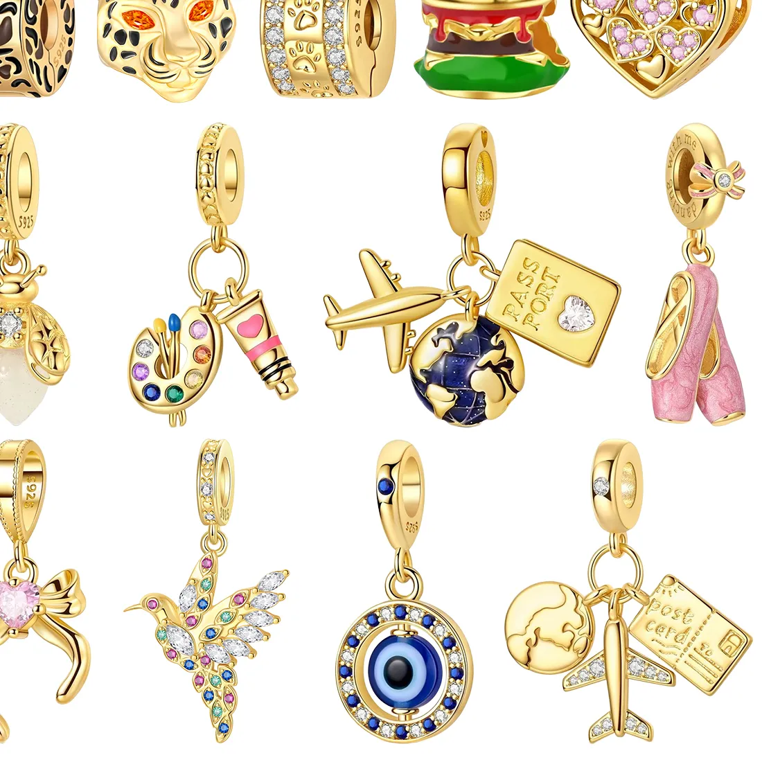 Authentic S925 Silver Gold Plated Cute Edgy Leopard Print Bee Airplane Globe Passport Burger Charm Enamel Inlaid Gem Travel Gift Jewelry