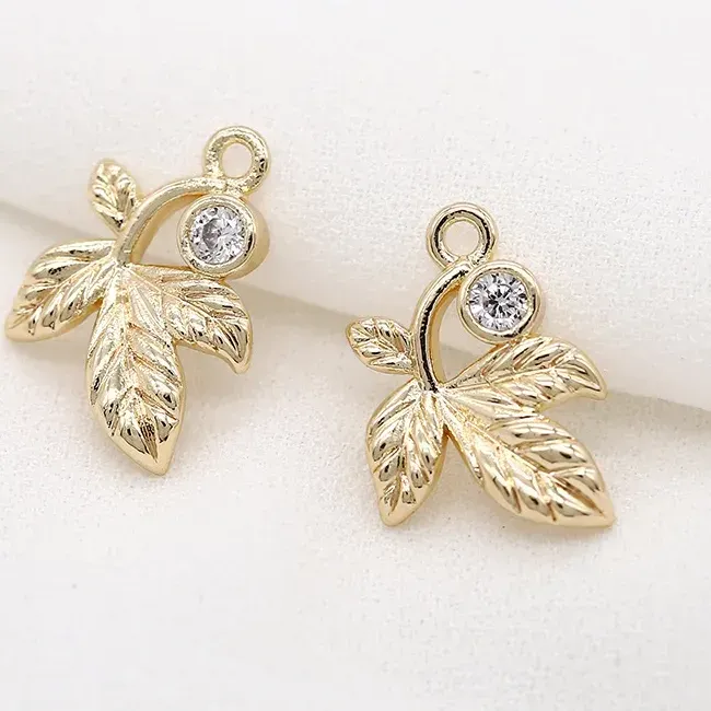 Authentic 12*15MM 14K Gold Color Brass and Zircon Leaf Leaves Shape Charms Pendants Jewelry Making Supplies Diy Accessories